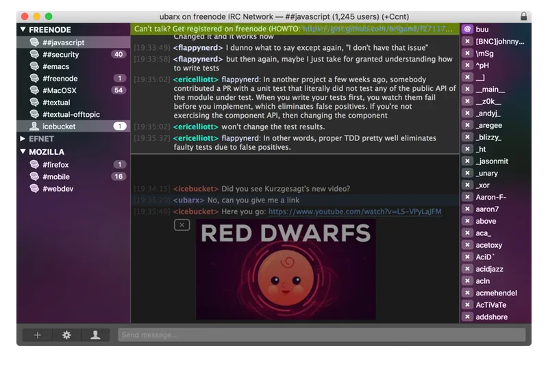 Textual in dark appearance, showing an IRC channel alongside its network sidebar and member list