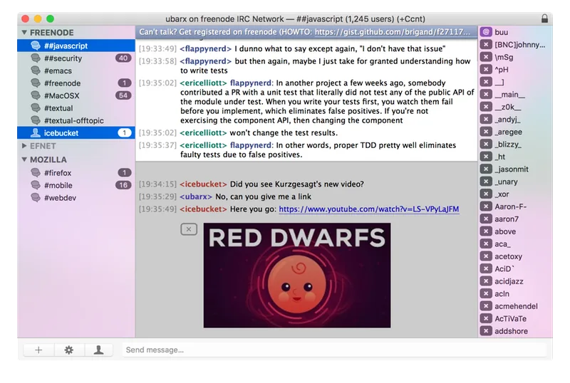 Textual in light appearance, showing an IRC channel, network sidebar, inline media, and a member list